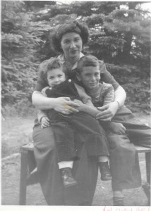 Beautiful mom, cute kids. August 1947, Val Morin. He's actually daring to lean next to me!