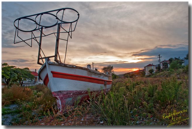 Fishing boat in field